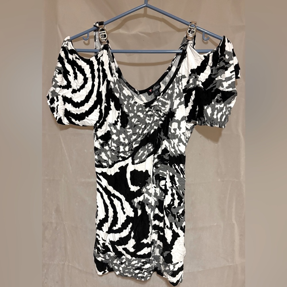 Guess Vintage Monochrome Animal Print Top-W/ Cold Shoulder Sleeves W/Metal Logo